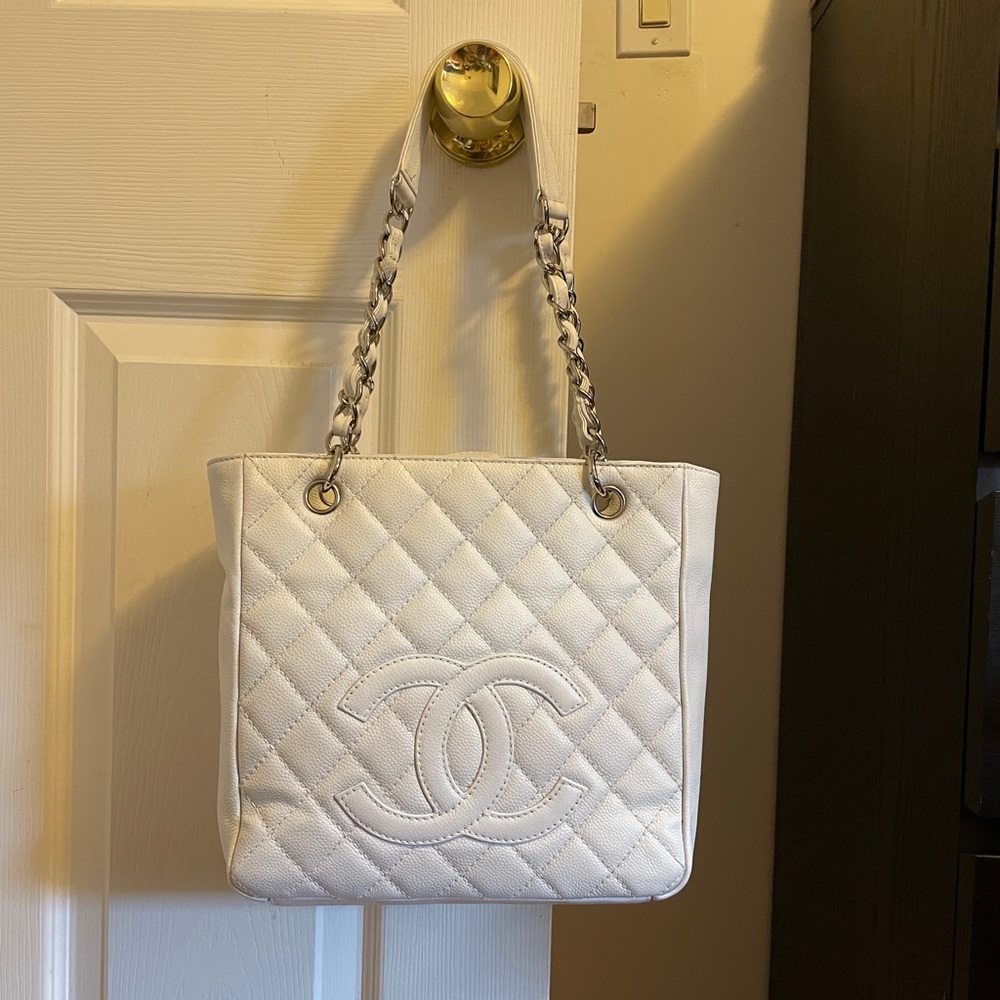 Chanel Caviar Petite Shopping Tote CC White Timeless  Chain Bag EUC